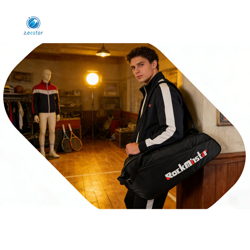 Badminton bag with large capacity design, durable lightweight material, multi-pocket storage for Pickleball, tennis rackets, shoes, sports travel use