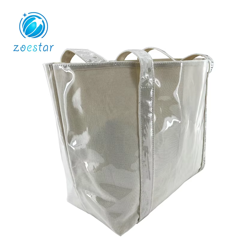 product special design canvas shopping bag with full transparent pvc covering supermarket storage bag women beach tote bag-4