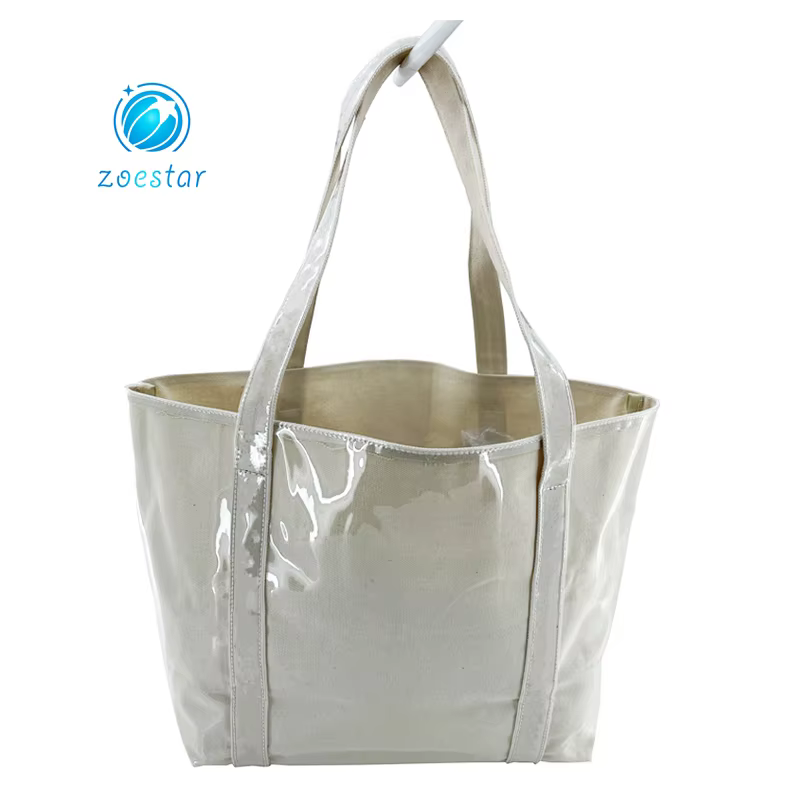 product special design canvas shopping bag with full transparent pvc covering supermarket storage bag women beach tote bag-1