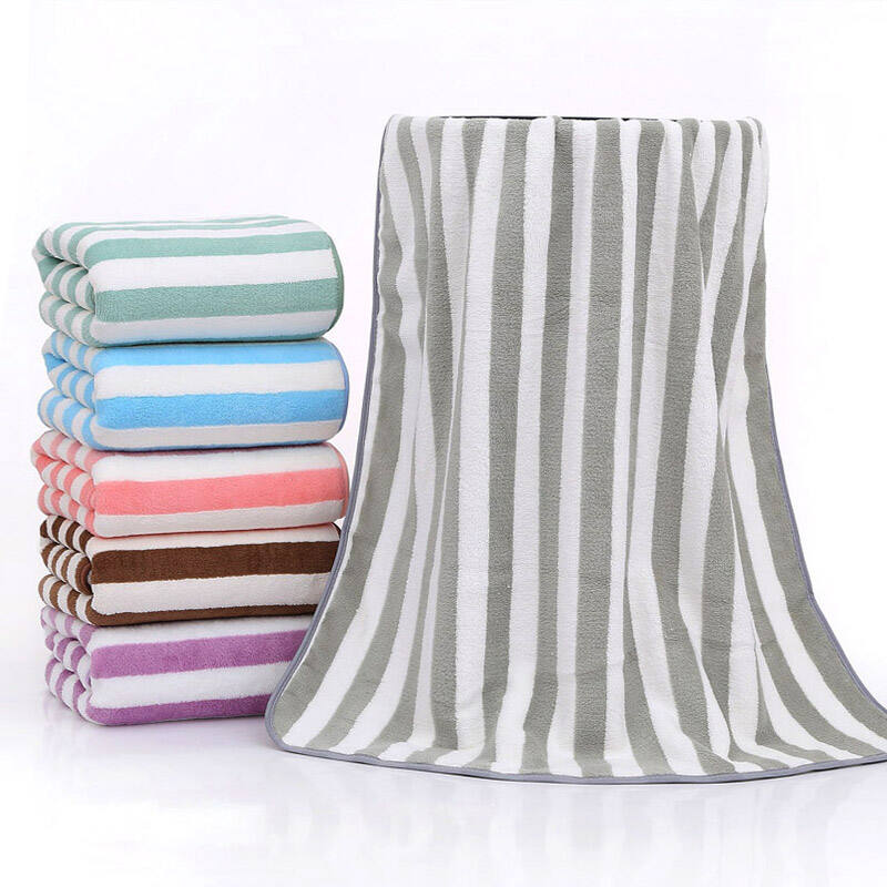 Wholesale 70*140cm Luxury Large Size Thicken Soft Skin Friendly Stripe Coral Fleece Shower Bath Towel Face Towel for Home Hotel
