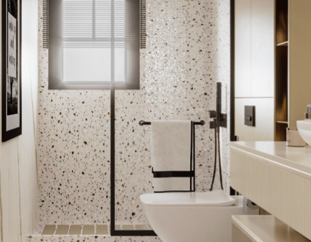 Luxury Cream Bathroom Vanity With Terrazzo Shower Area product picture (11).webp