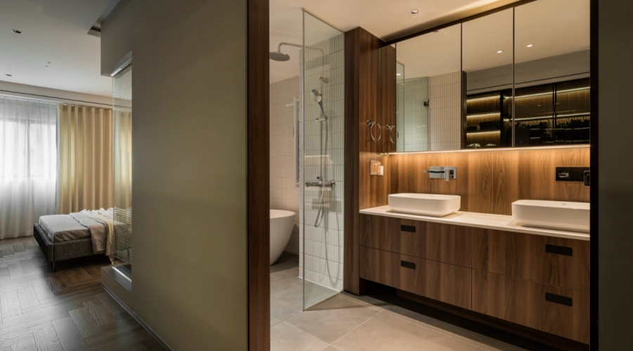 Modern Dark Wood Vanity With Double Sink Design product picture (7).webp