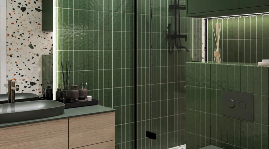 Modern Bottle Green Bathroom Vanity With Terrazzo Wall Tiles product picture (12).webp