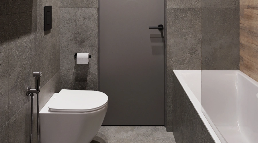 Modern Grey Wood Bathroom Vanity With Bathtub Shower Area product picture (5).webp