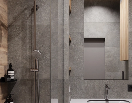 Modern Grey Wood Bathroom Vanity With Bathtub Shower Area product picture (8).webp