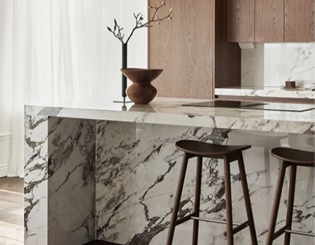 Natural Wood Kitchen Cabinets with Marble Island in Modern L-Shaped Layout product picture (4).webp