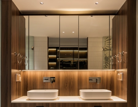 Modern Dark Wood Vanity With Double Sink Design product picture (8).webp