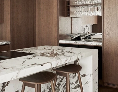 Natural Wood Kitchen Cabinets with Marble Island in Modern L-Shaped Layout product picture (2).webp
