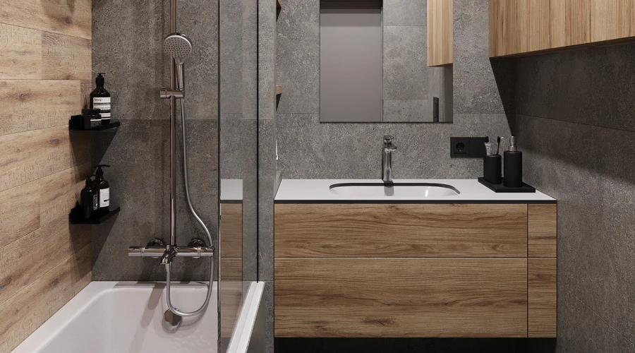Modern Grey Wood Bathroom Vanity With Bathtub Shower Area product picture (6).webp