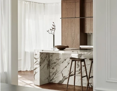 Natural Wood Kitchen Cabinets with Marble Island in Modern L-Shaped Layout product picture (3).webp