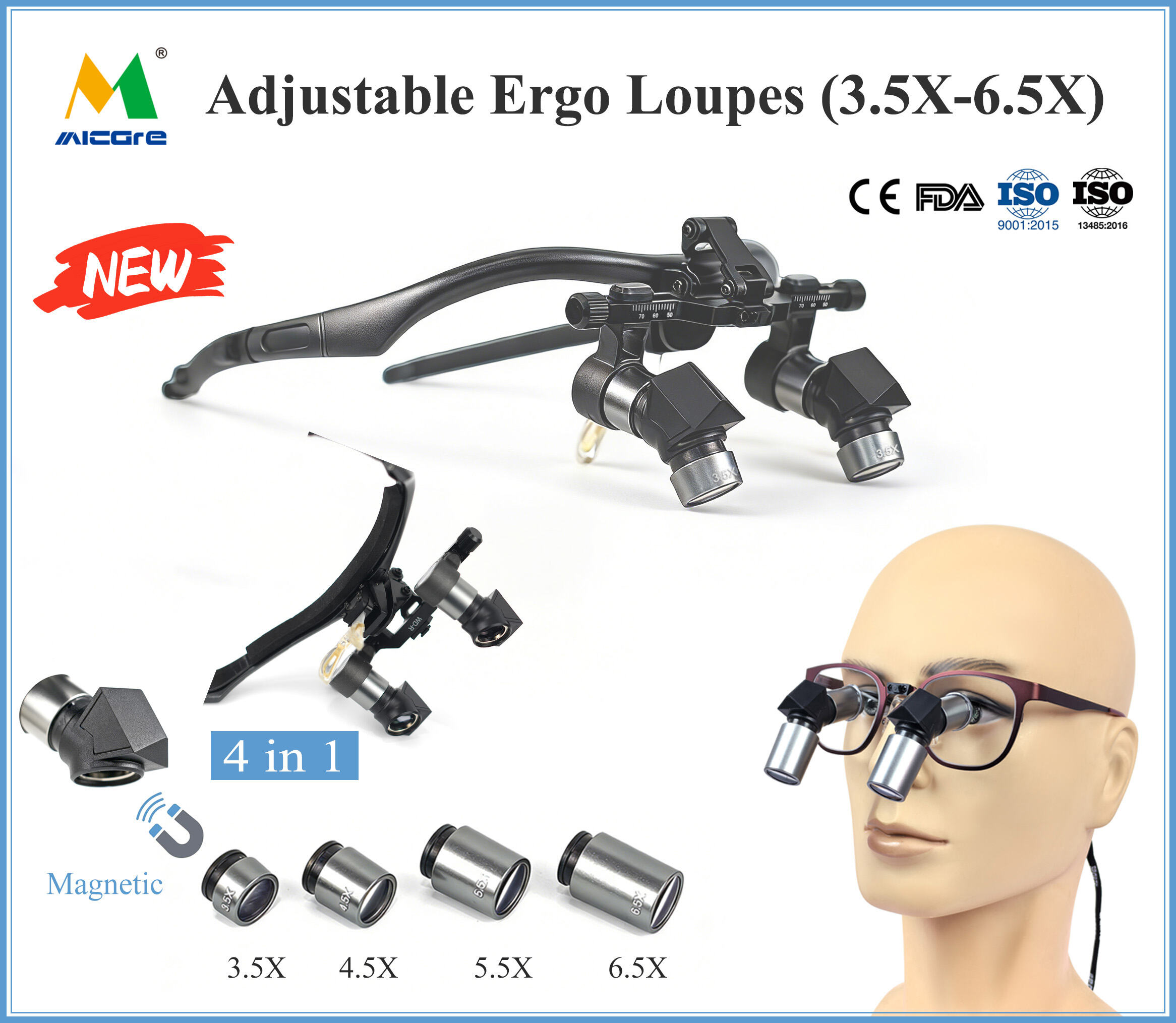 Kính lúp phẫu thuật dạng gập lên Micare AEFF3565 có băng đeo đầu | Hệ thống phóng đại nha khoa điều chỉnh được khoảng cách đồng trục mắt (IPD) từ 54–72 mm