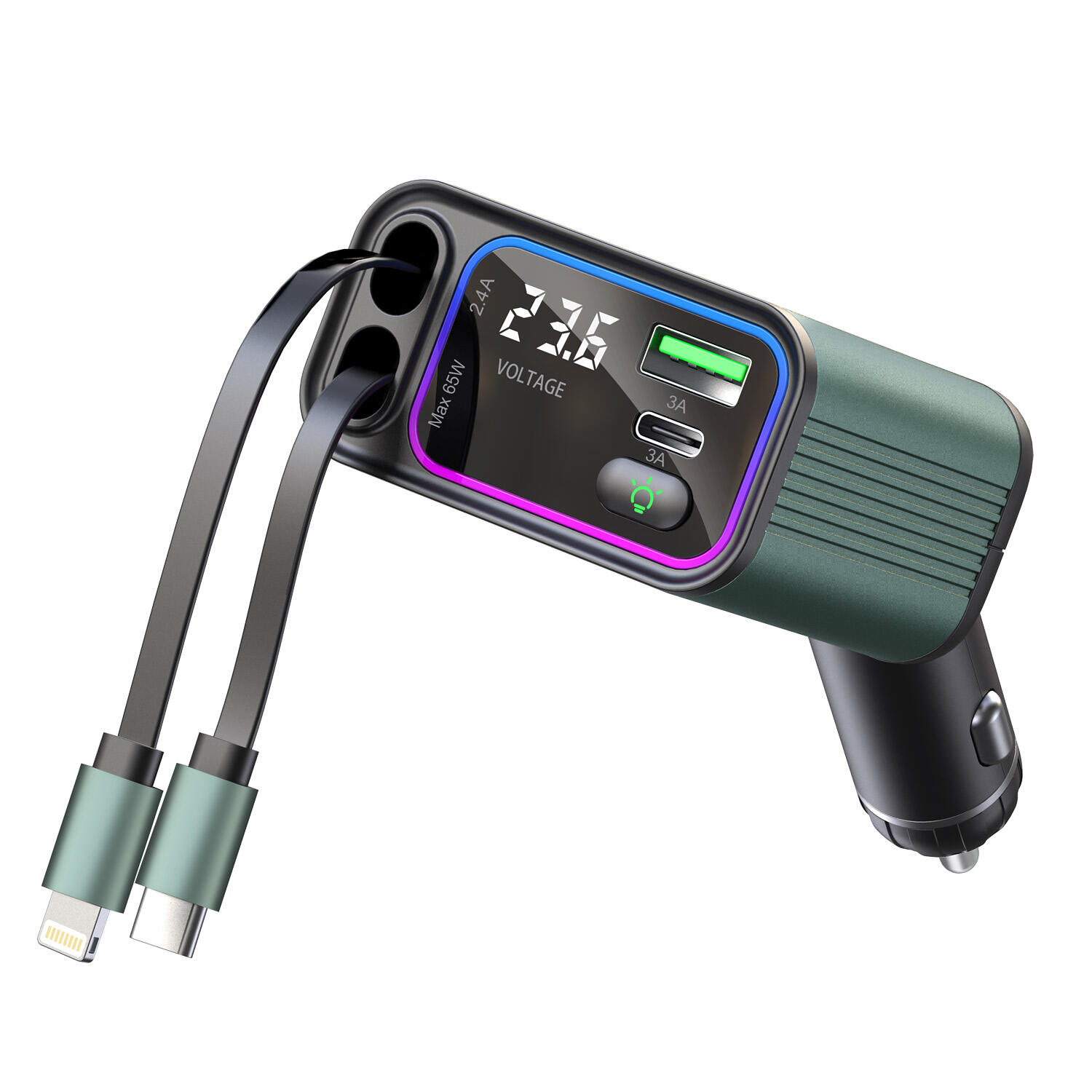 GXYKIT GC08 Retractable Cable 4-in-1 Fast Charging Car Charger Color Ambient Light High Power 65W+25W USB Connection Smart