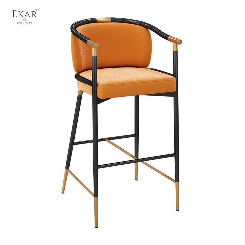 Modern High Gloss Black and Champagne Gold Metal Bar Stool Contemporary Leather Dining Chair for Home Bar Apartments Bedrooms