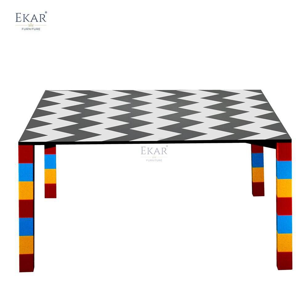 Nordic Elegant Set Dining Table with Gray and White Panel Top Multicolored Stone Inlay and Red Yellow Blue Legs for Home Bar