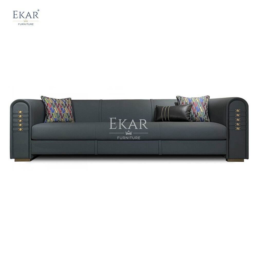 Elegant Sofa with Signature Metal Logo Plate  Brushed Gold Metal Base  Available in Single  Multiple Seating