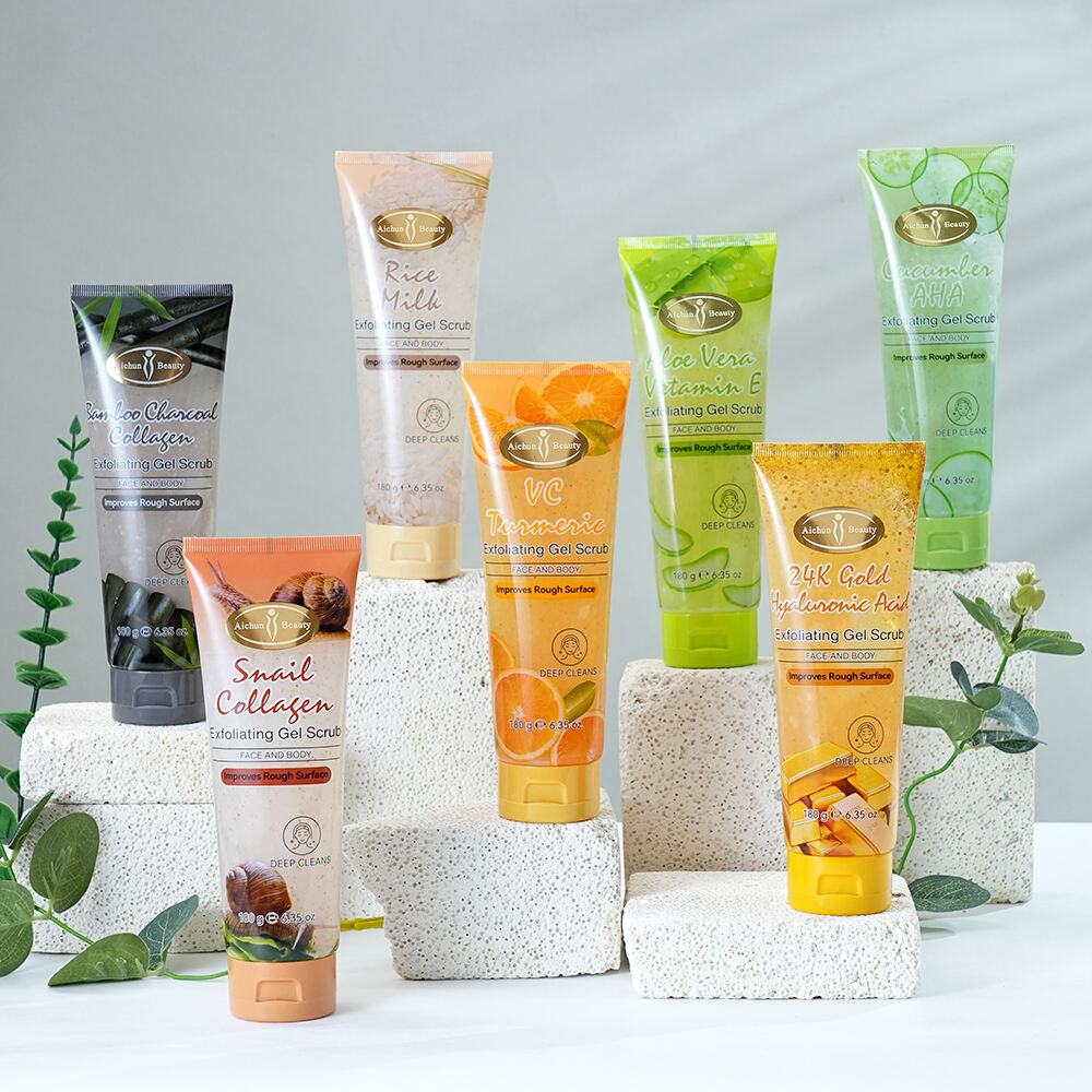 Gel exfoliante Aichun Beauty para limpieza profunda facial y corporal, fabricación con marca privada