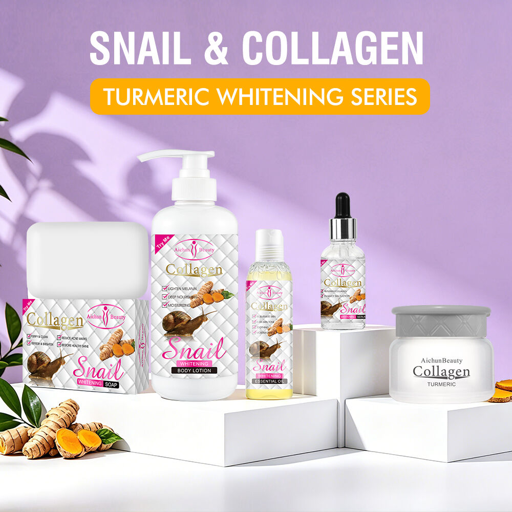 Serie Aichun Beauty de Colágeno de Caracol y Cúrcuma para el cuidado de las manchas de acné, la uniformidad del tono cutáneo y el resplandor saludable de la piel