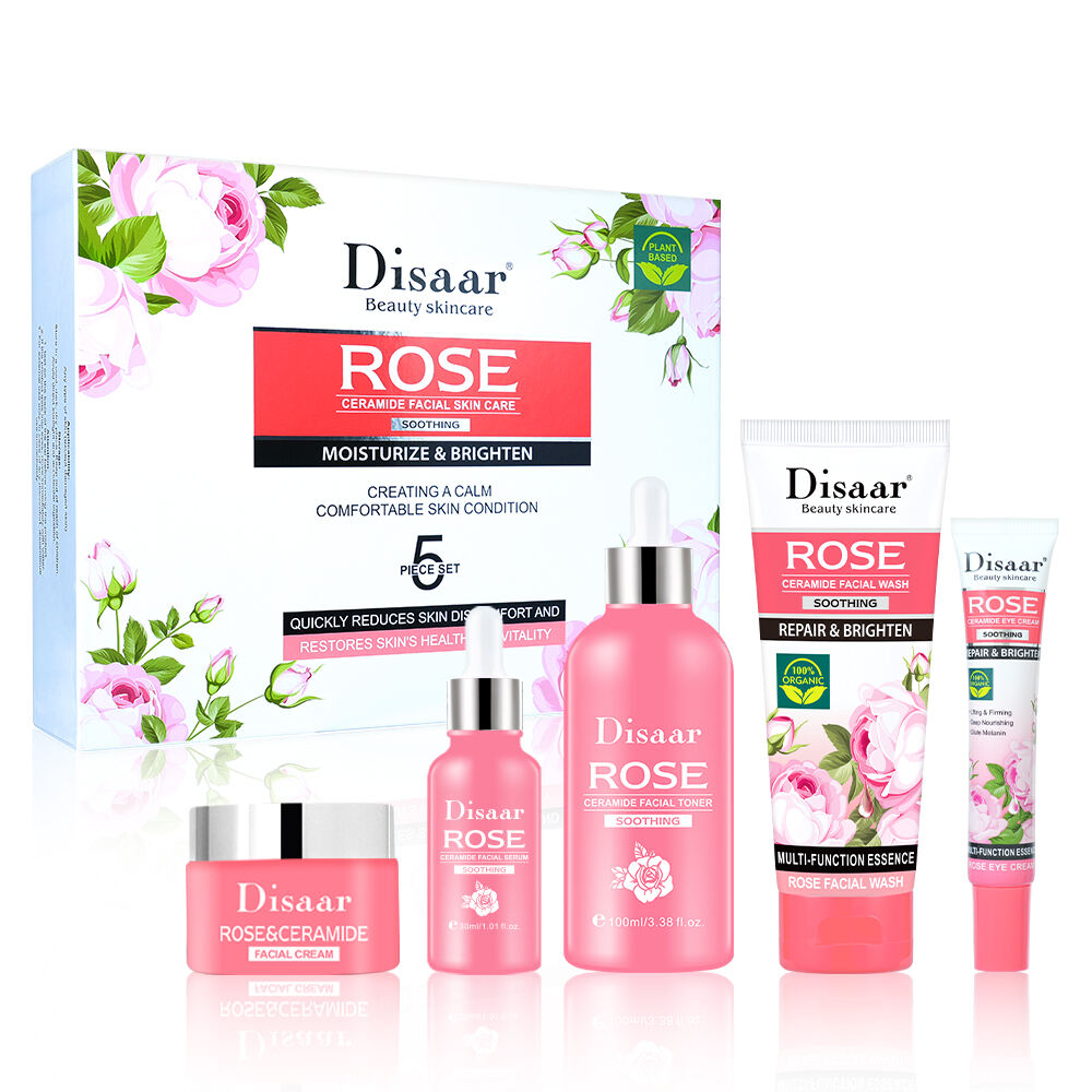 Disar rose ensemble de soins de la peau du visage apaisant ensemble de 5 pièces ensemble de céramide centella éclaircissement du verre emballage de soins de la peau chaud pour les femmes