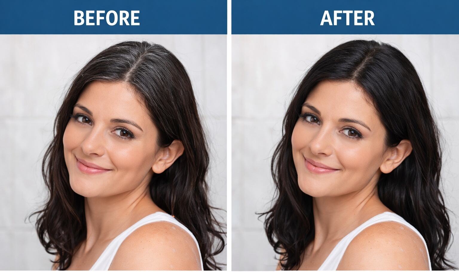 Before and after comparison photos using hair color shampoo.