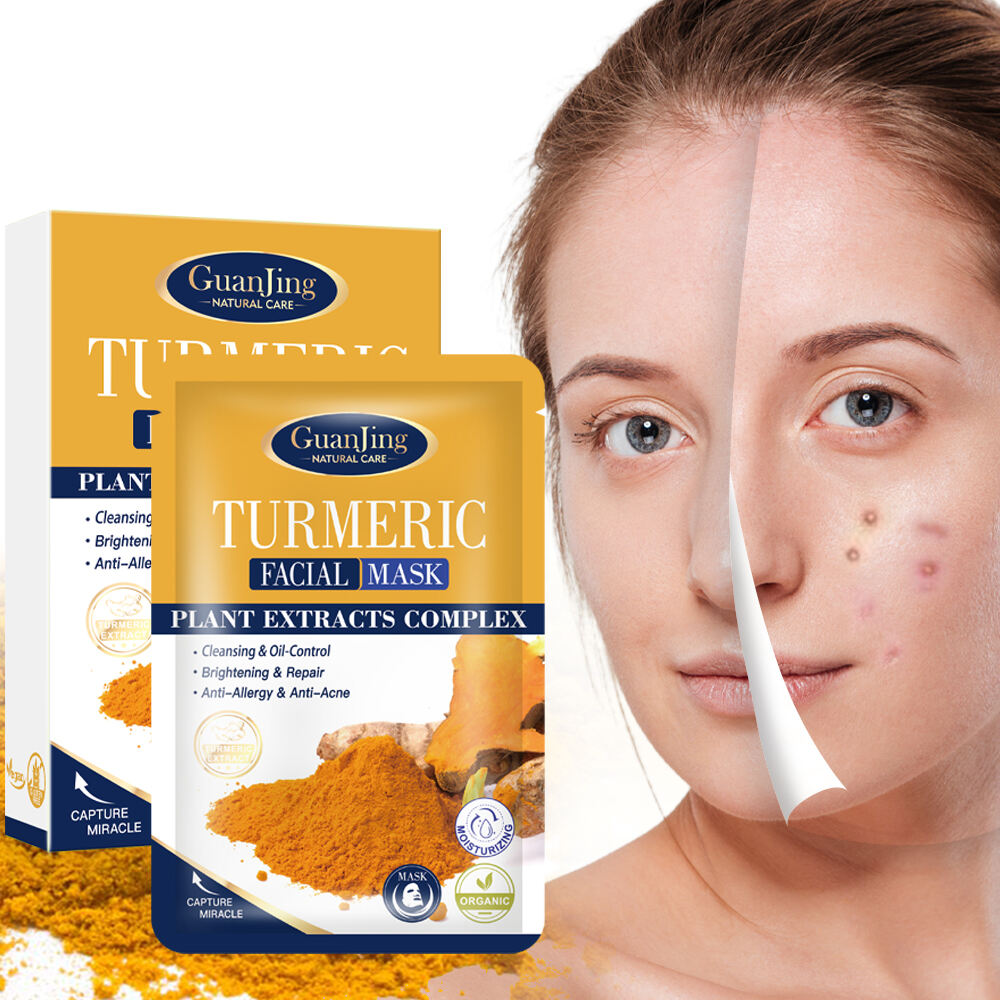 GJ7055 Guanjing Organic Turmeric Facial Mask - Anti-Acne, Pore Cleansing, Moisturizing & Oil Control, Whitening, Anti-Aging & Wrinkle Repair Facial Sheet Mask