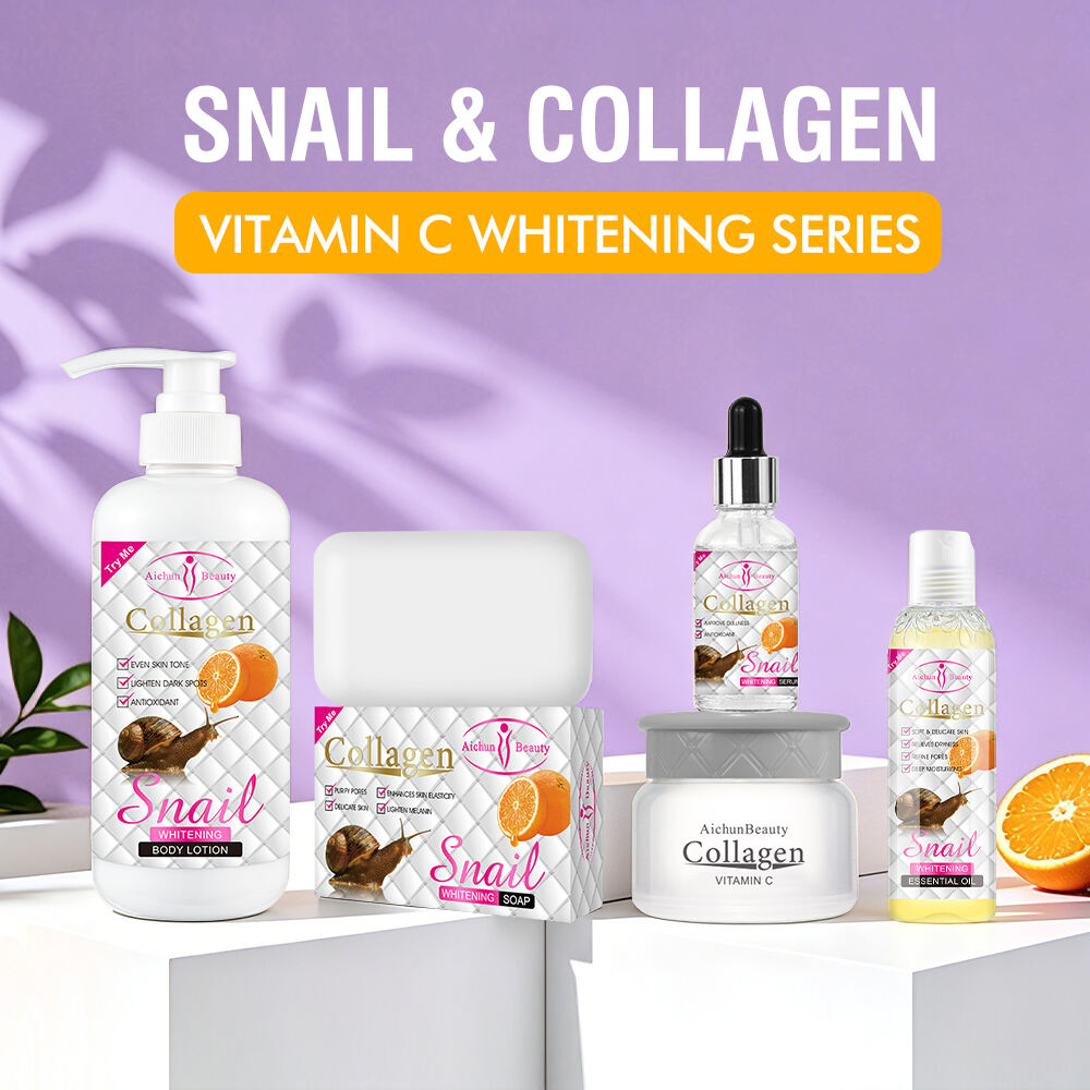 Serie de cuidado de la piel Aichun Beauty con colágeno de caracol, vitamina C y propiedades antioxidantes para iluminar, destinada al cuidado radiante del rostro y el cuerpo