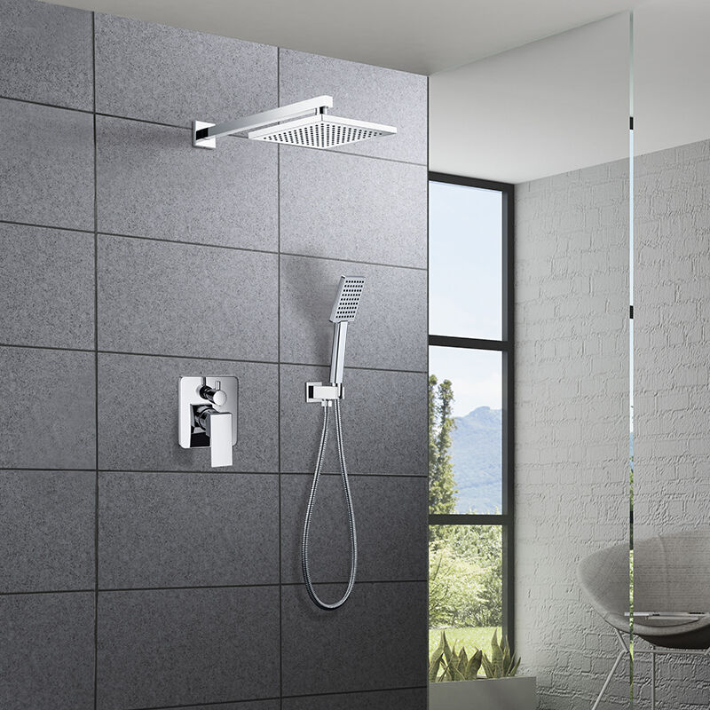 رأس دش مطر جداري مربع ومجموعة مقابض، نظام دش ذي مقبض واحد مكتمل مع جسم صمام توازن الضغط وتشطيباته المُضمَّنة