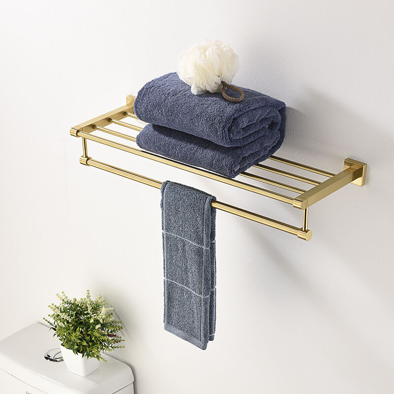 2 Tier Bathroom Shelf with Double Towel Bar, Stainless Steel Wall Mounted Towel Rack with Shelf for Bathroom Towels Storage 9509 T02026