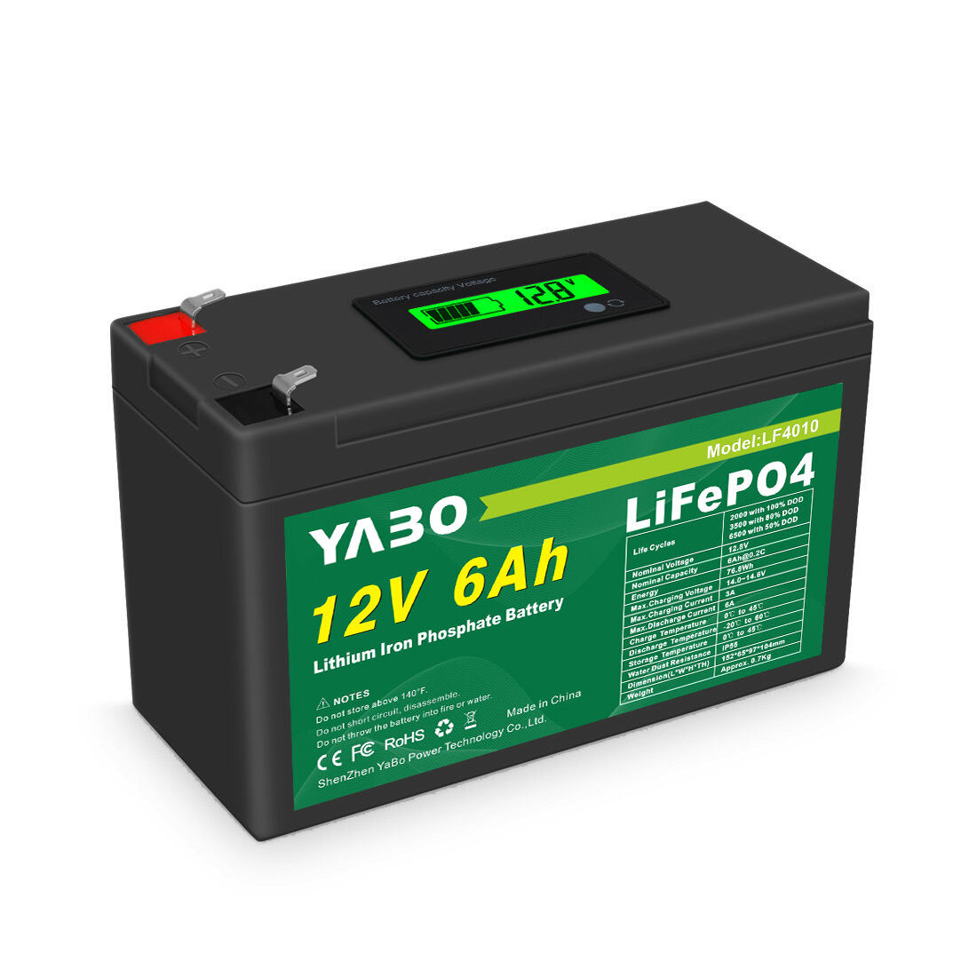 YABO LF4011 Cylindrical 12V 6Ah LiFePO4 Battery Rechargeable Lithium ...