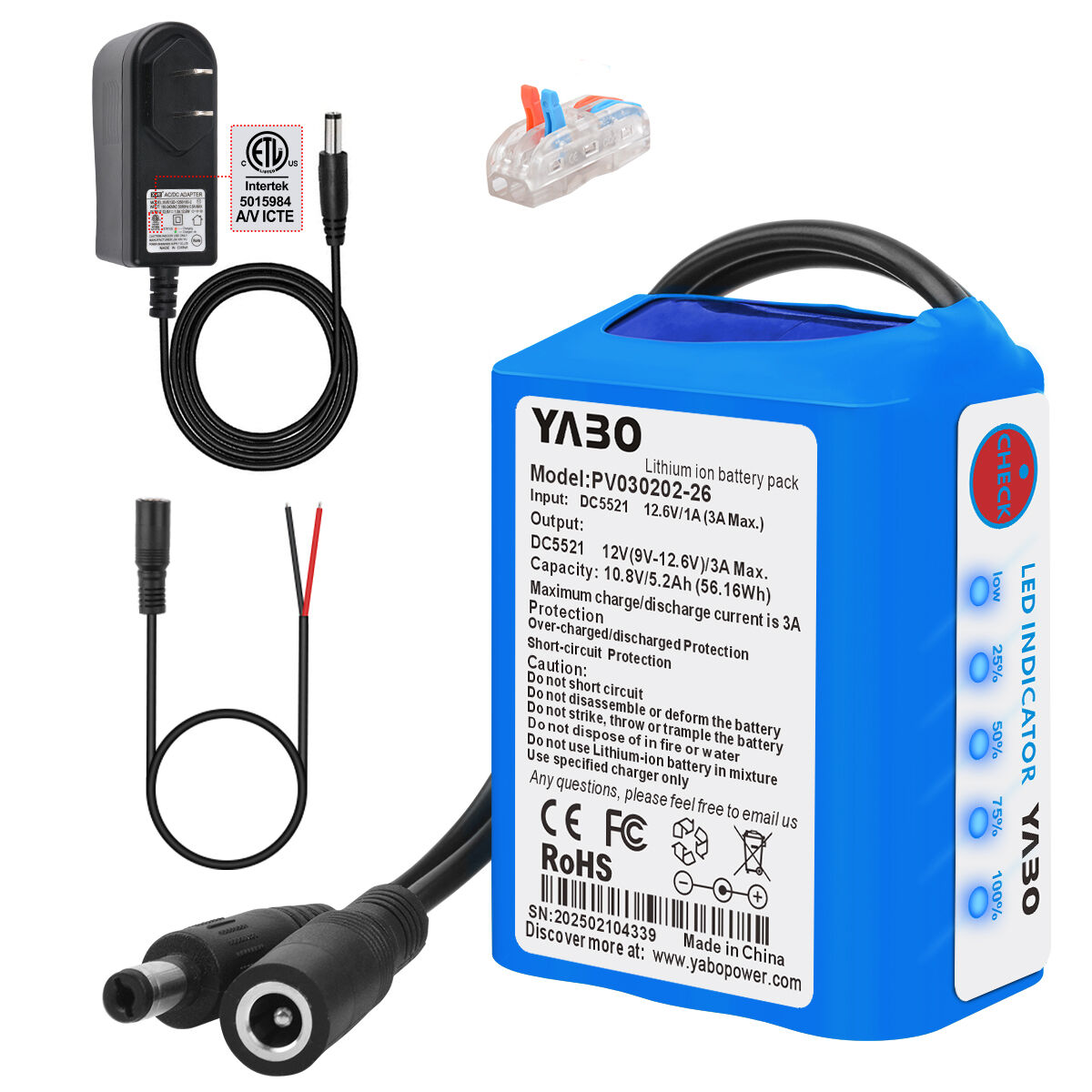YABO 12V 5200mAh Rechargeable Lithium ion Battery Pack with DC 12V Output for DIY Project
