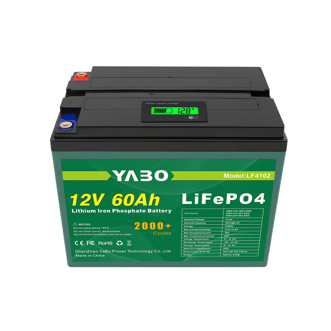 YABO LF4102 12V 60Ah Lithium-Eisen-Phosphat-Akku 768Wh Tiefzyklus-Lithium-Akkus für Solar-, Marine-, Wohnmobil-, Trolling-Motor- und Off-Grid-Anwendungen