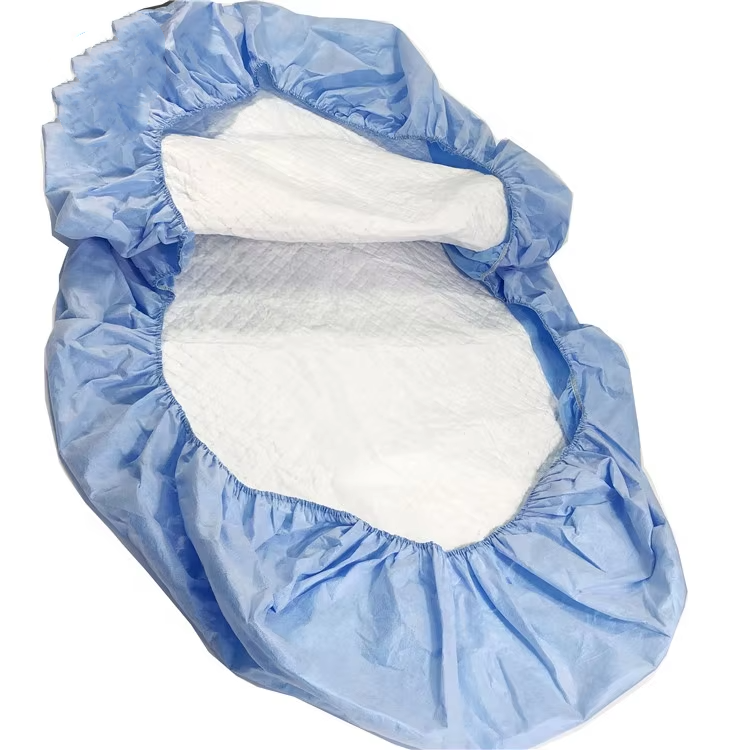 Drap de lit en tissu jetable stérilisé SS + film bleu, avec une bonne capacité d'absorption et un élastique sur un cercle