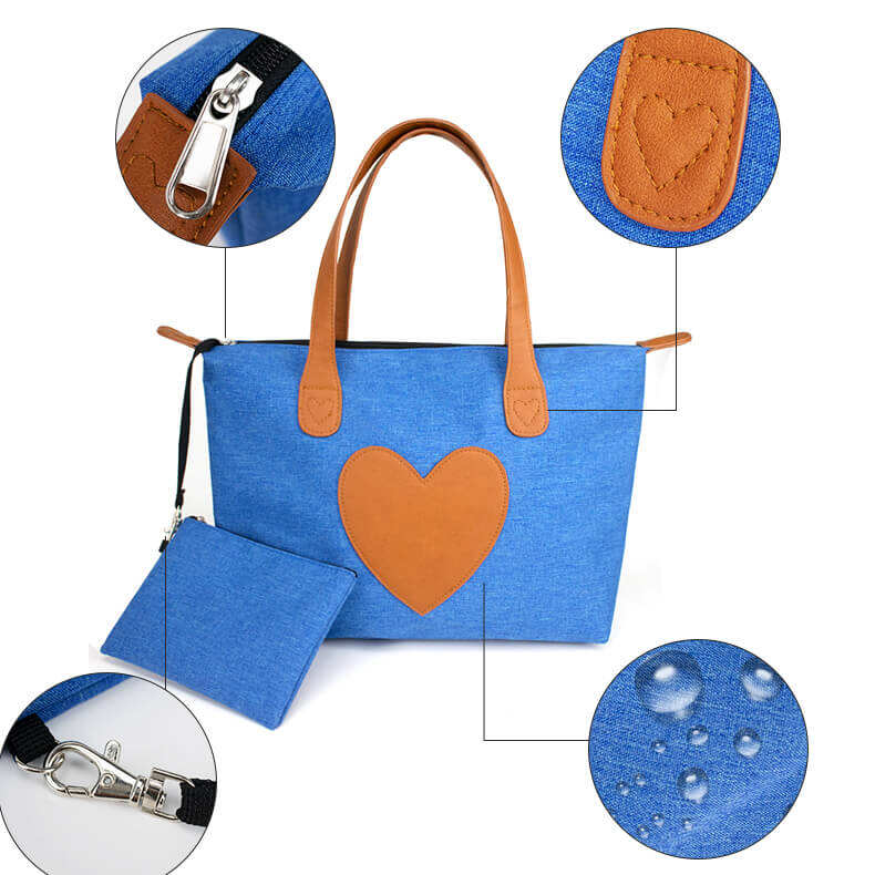 Women Fashion Custom Polyester Zipper shoulder Tote Bag With Pouch