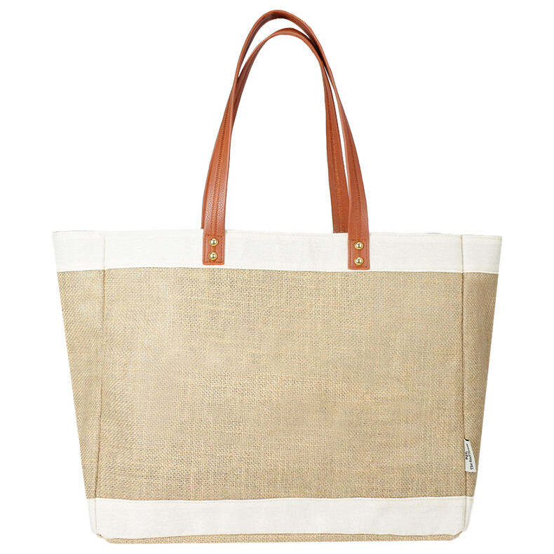 Wholesale Burlap Waterproof Beach Tote Grocery Jute Shopping Bag With Leather Handles