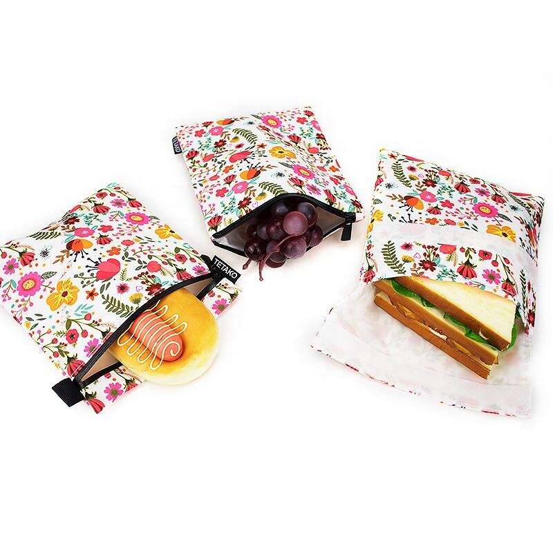 Custom Printed ECO Friendly Washable Cooler Lunch Food Snack Bags TPU Lining Zipper Set Sandwich Bag Reusable