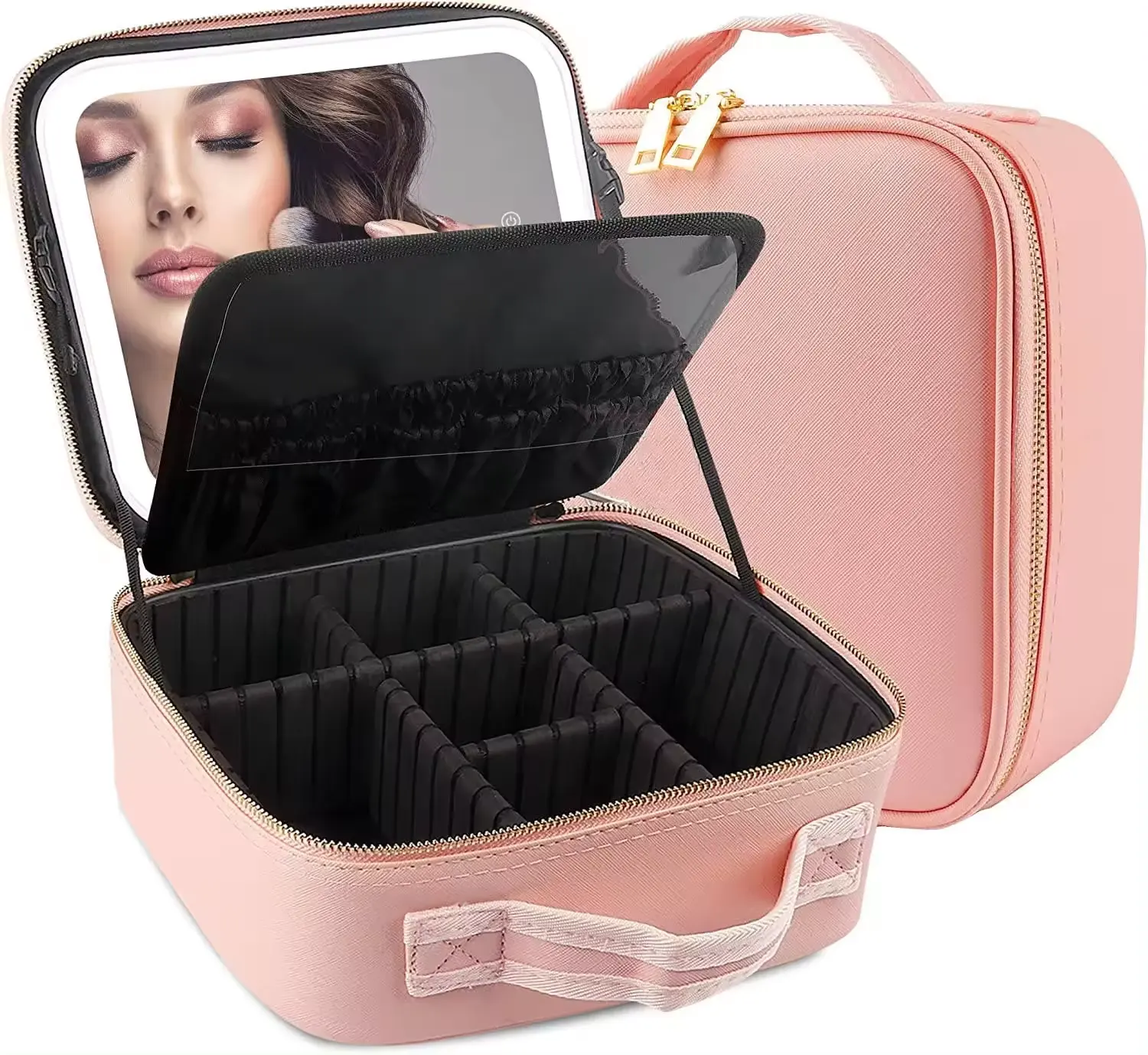 Travel Portable Cosmetic Case Bag with LED Light Mirror Desktop Makeup Case Box