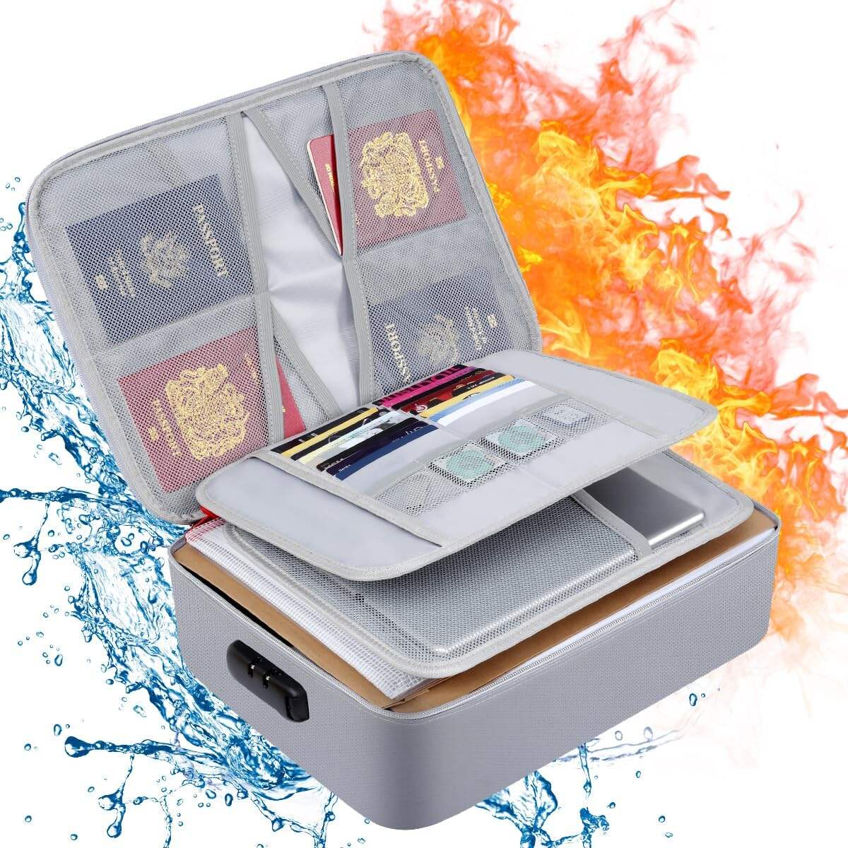 Fireproof Document Bag With Lock - 3-Layer Safe Portable Travel Home Organizer for Laptop Files Certificates