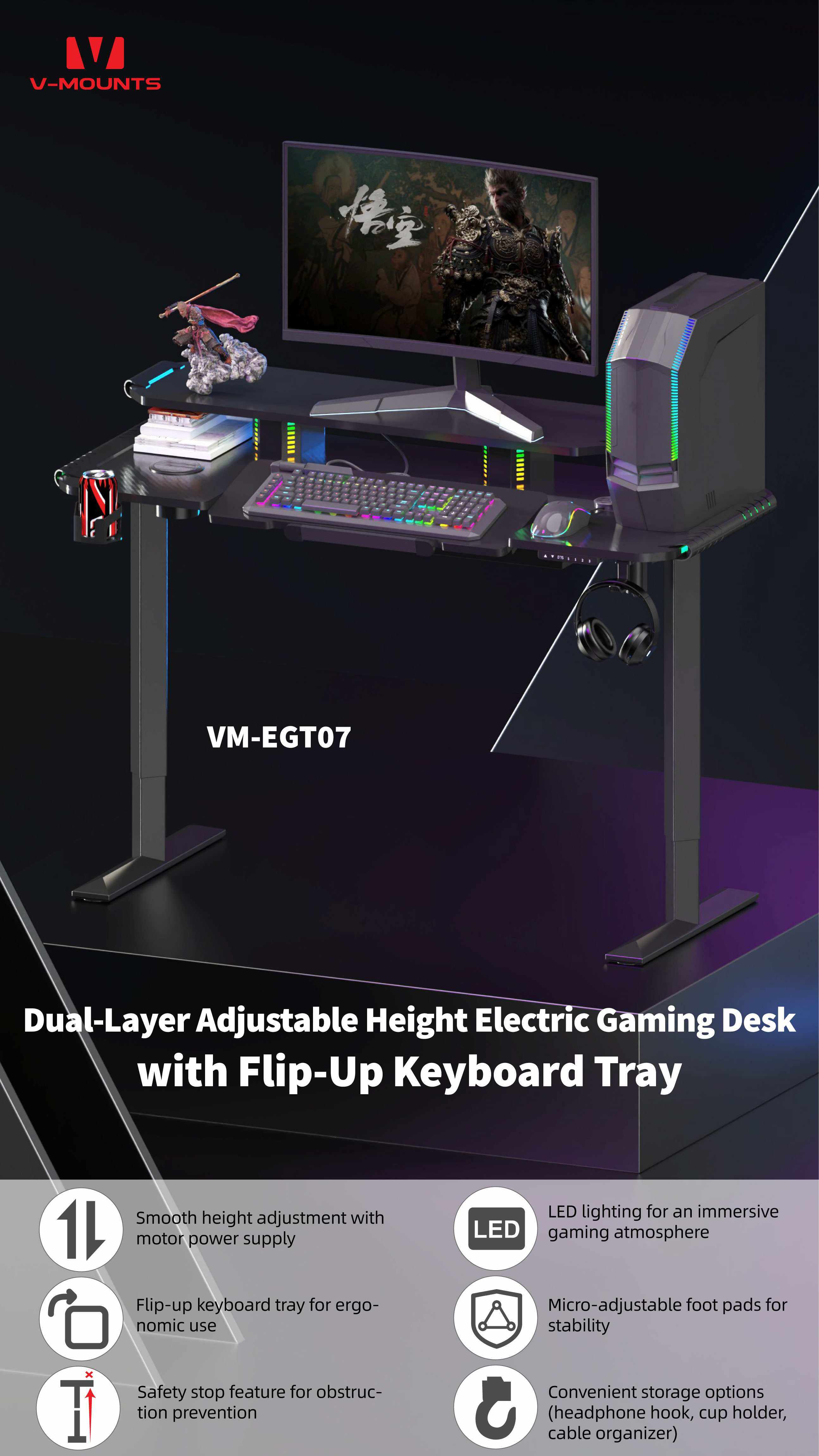 V-MOUNTS Electric Height Adjustable Gaming Desks EGT07
