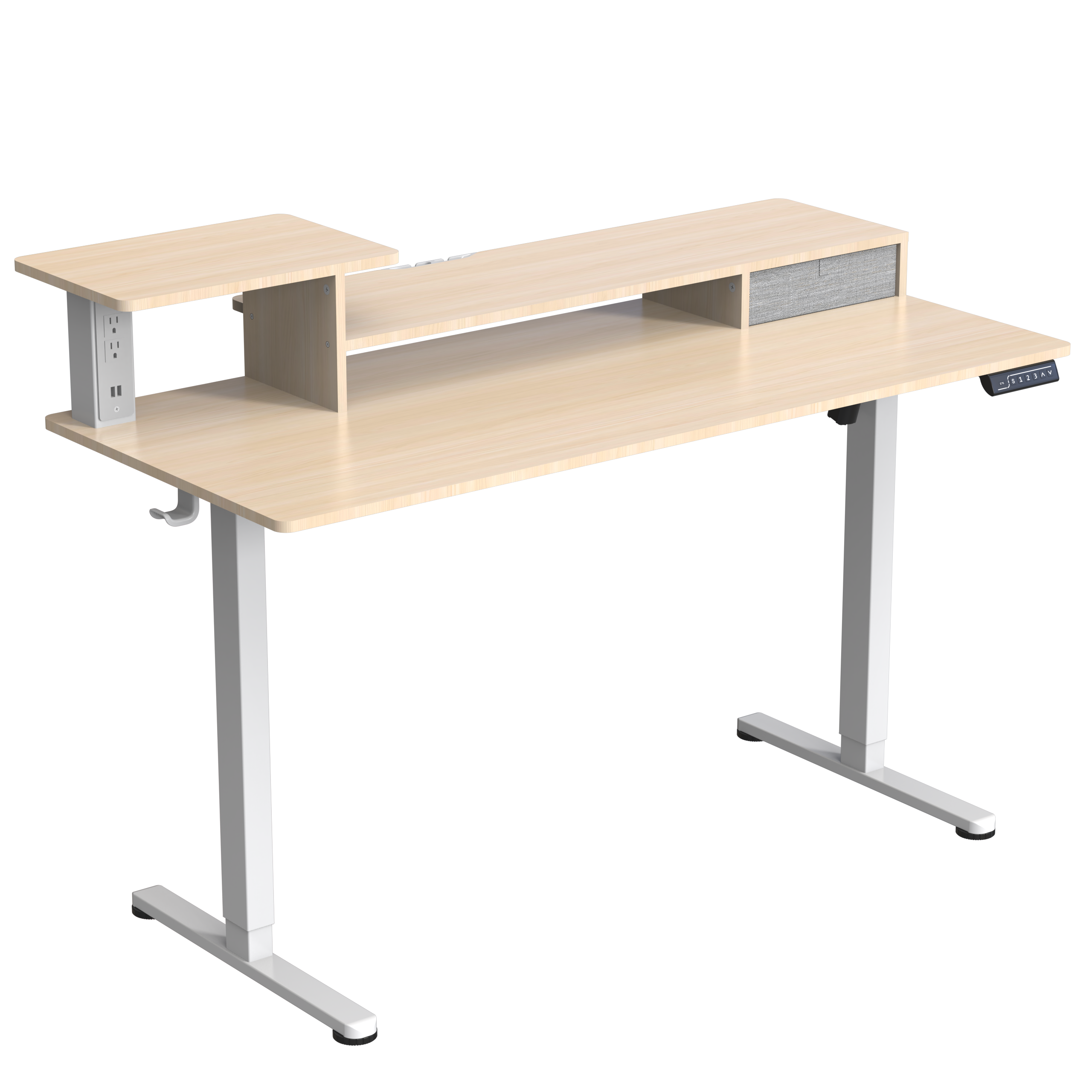 CE UKCA ERP elektrisk højdejusterbart skrivebord med dobbelt skriveplade, indbyggede stikdåser, forudindstillede 3 højder, smart anti-kollision, V-MOUNTS JSD5-02-2P-S2