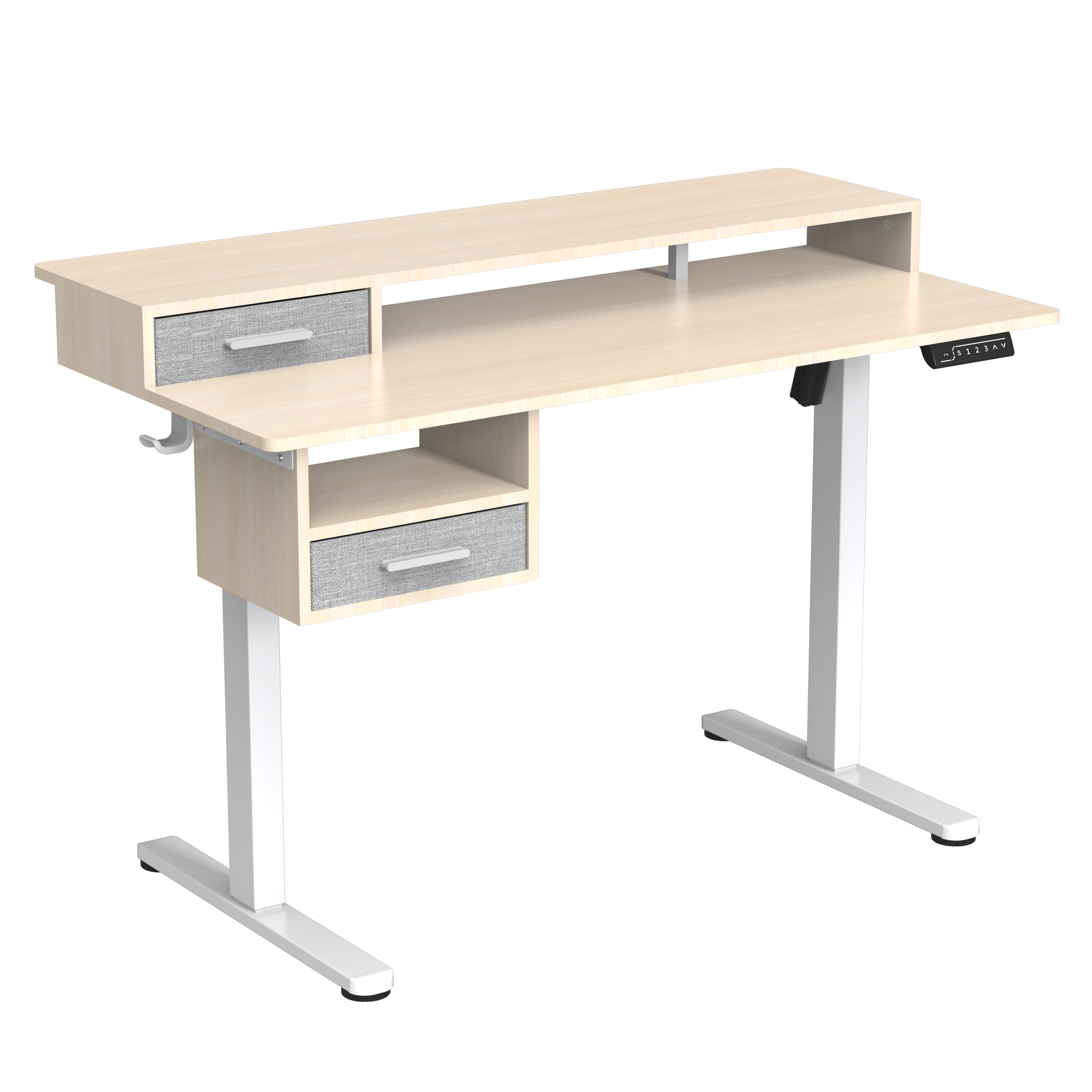 CE UKCA elektrisk ståbord med dobbeltlaget udvidet skive og indbygget skuffeopbevaring, intelligent anti-kollisionssystem med rebound-funktion, V-MOUNTS JSD5-02-2P-X2