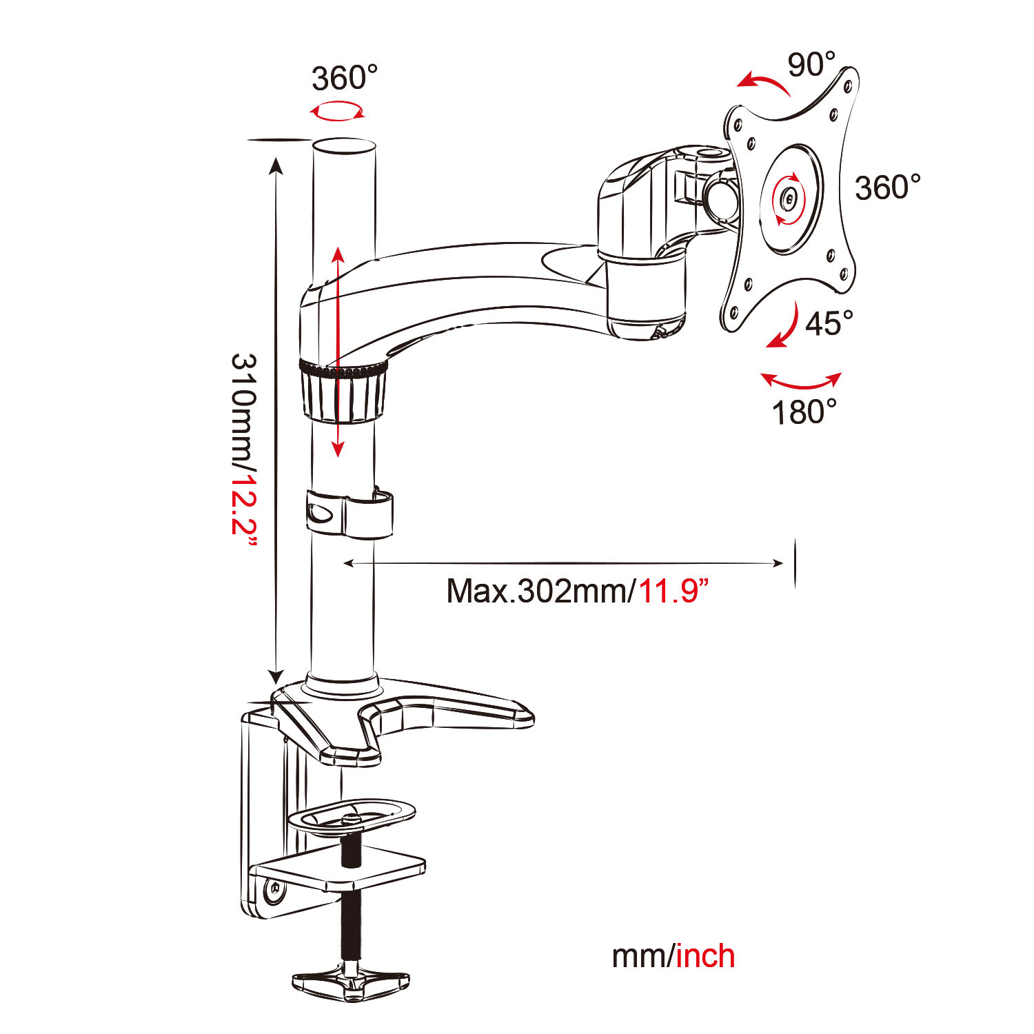 Aluminum Adjustable Single Monitor Mount Arm with Pole Stand and Cable ...