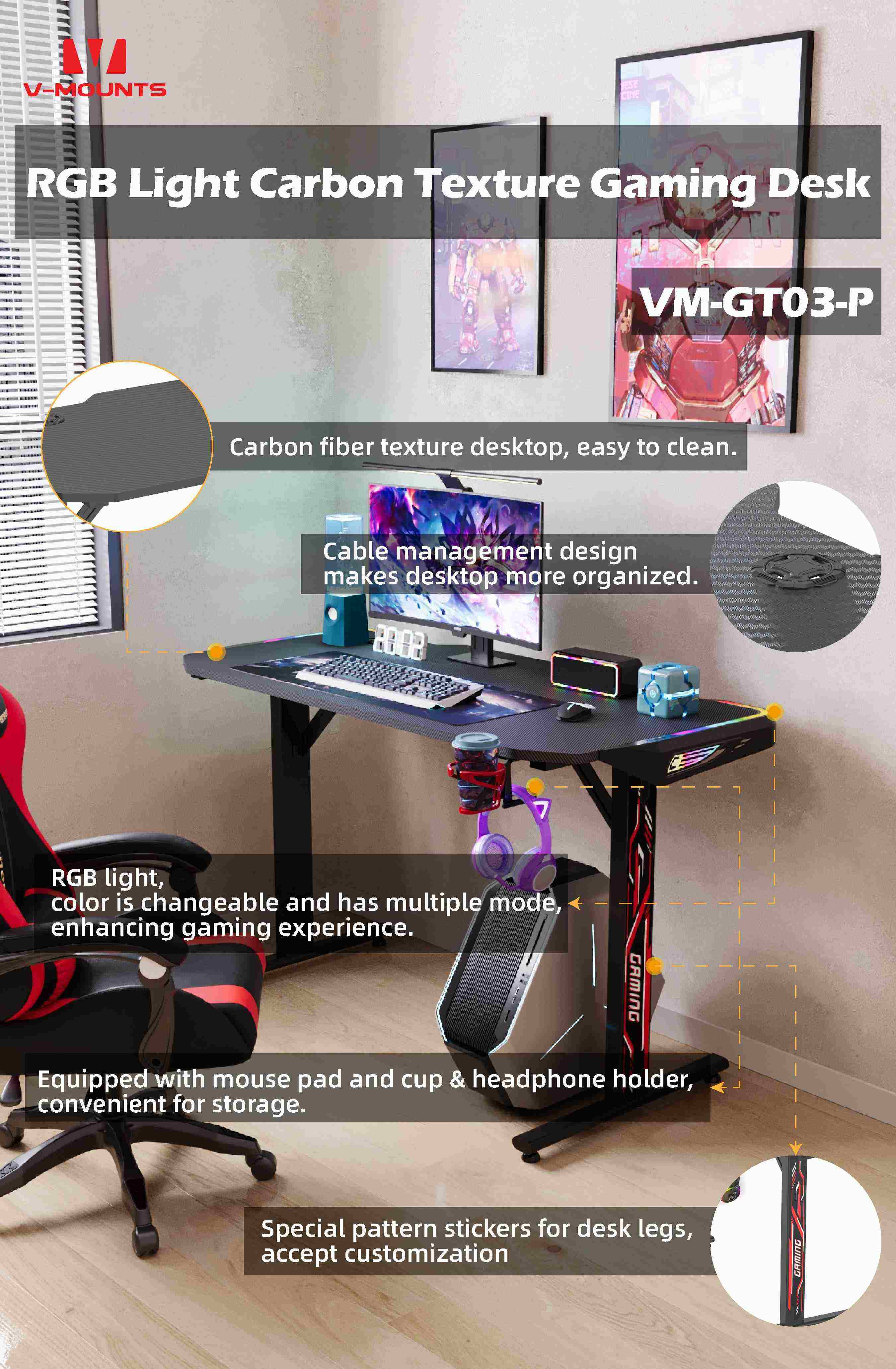 V-MOUNTS Fixed Height Gaming Desks GT03 series