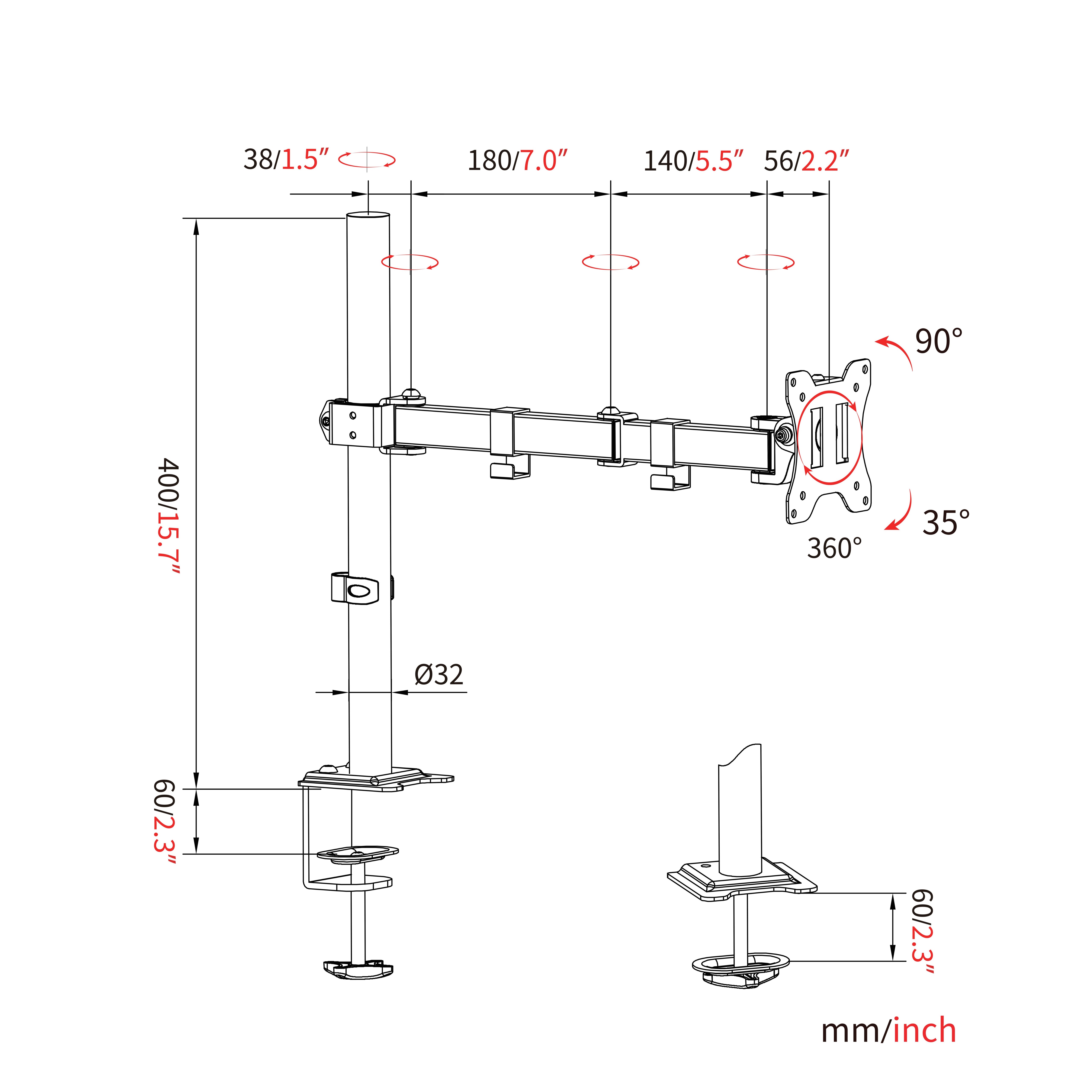 360 degree Swivel Adjustable Flexible Single Monitor Arm V-MOUNTS VM ...