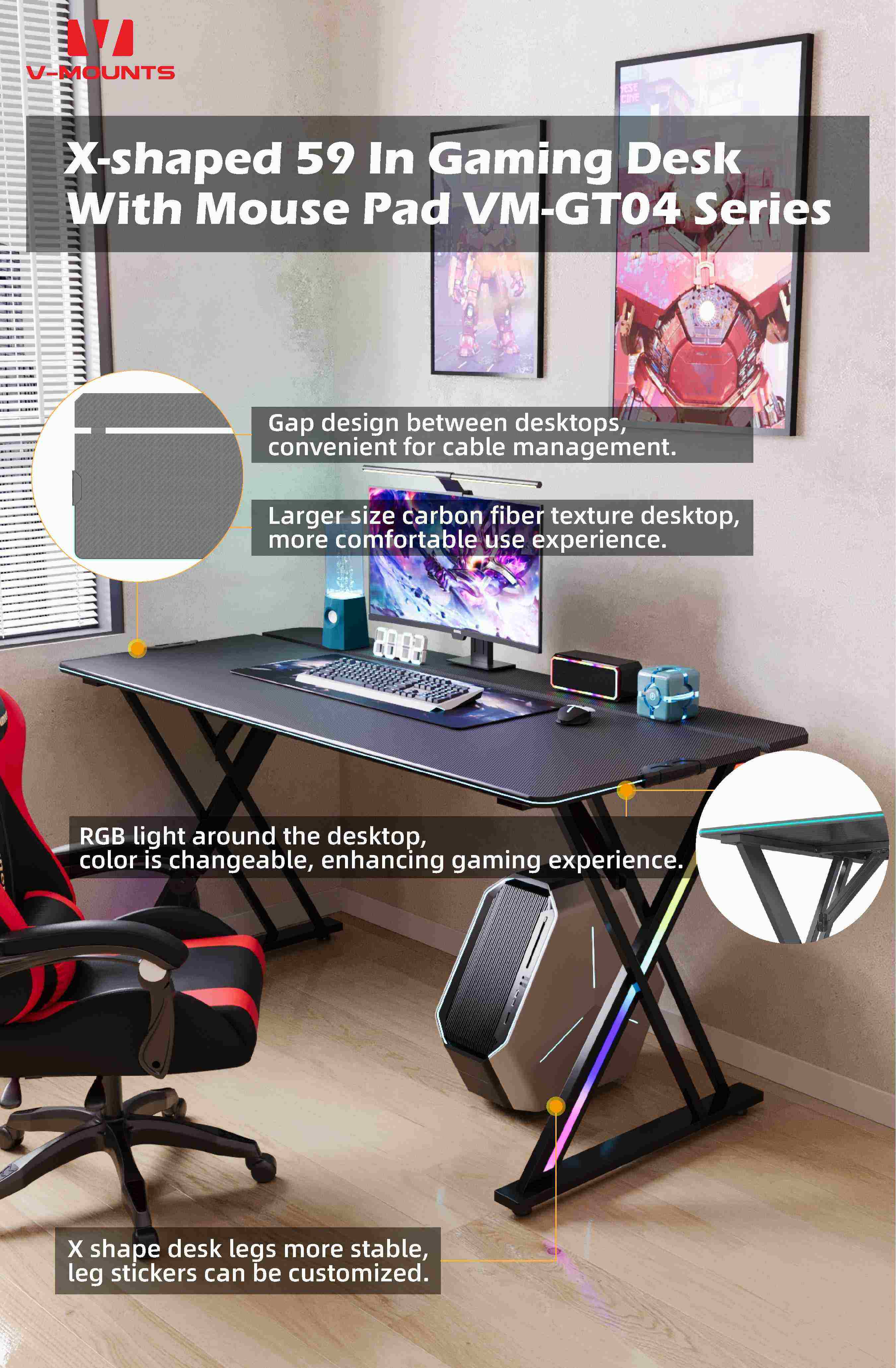 V-MOUNTS Fixed Height Gaming Desks GT04 series