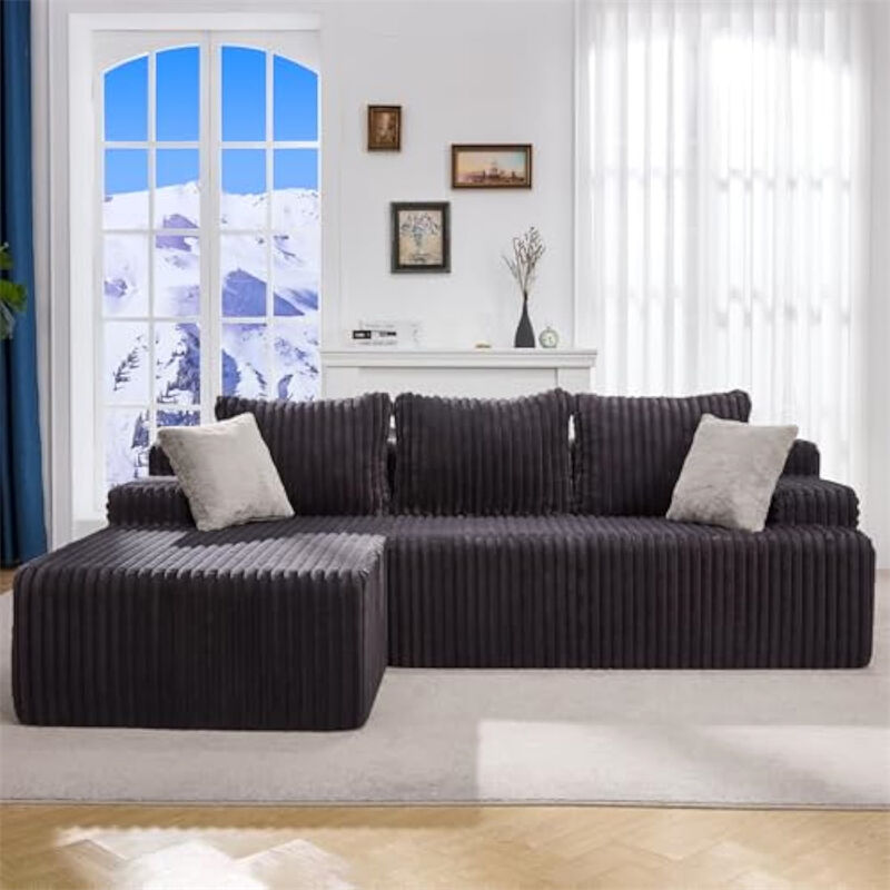 Modular partitioned sofa L-shaped sofa 3-seater modular sofa memory foam partitioned sofa suitable for living room, cloud sofa with large lounge chair (gray, striped (left side lounge chair))