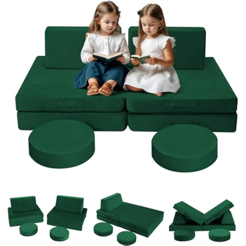 MeMoreCool 8-piece modular children's play sofa - Green convertible foam baby sofa suitable for playrooms, foldable baby sofa play set