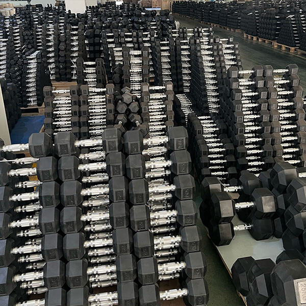 How does the hex dumbbell design improve safety and storage in gyms? 