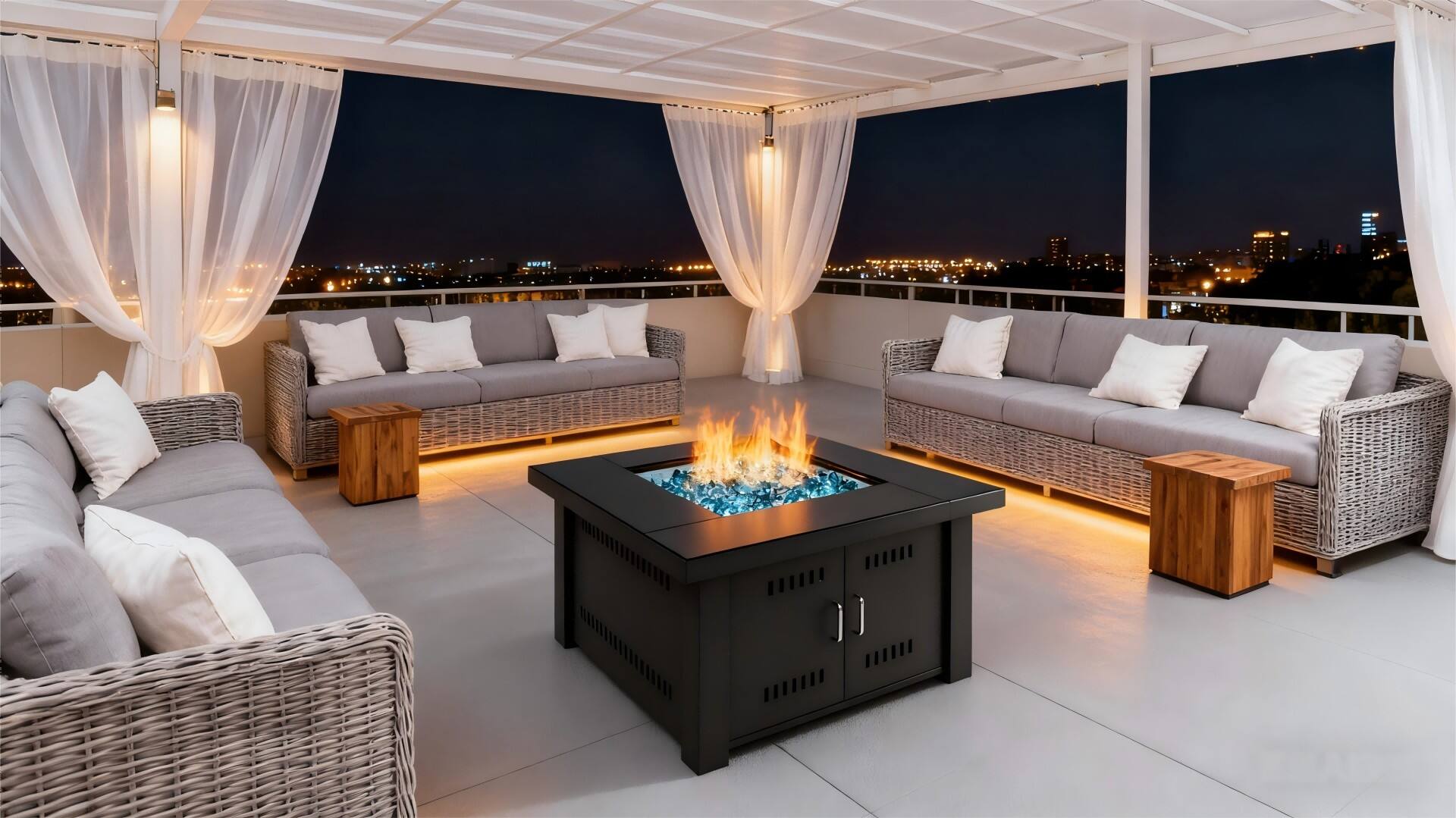 Square Fire Pit with Glass Table details