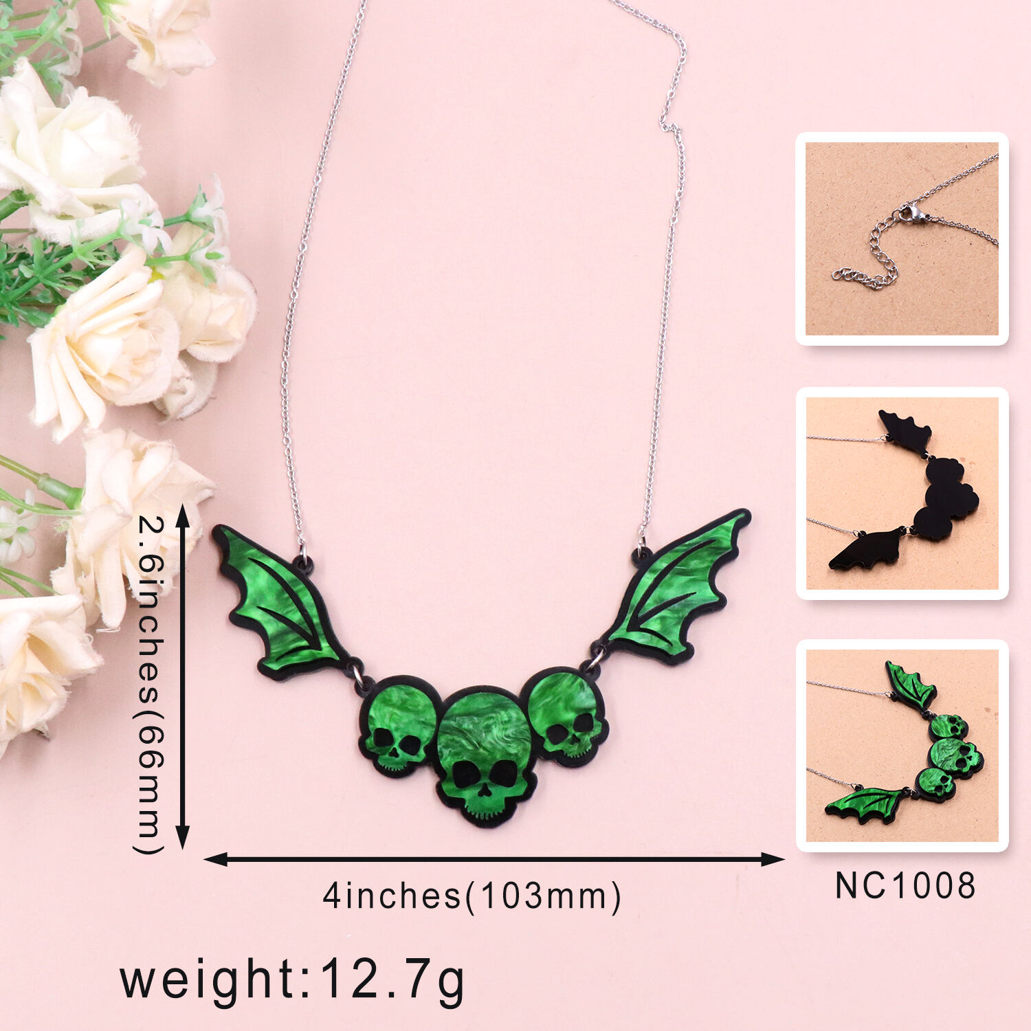 Halloween Green Skull Acrylic Laser Cut Necklace factory