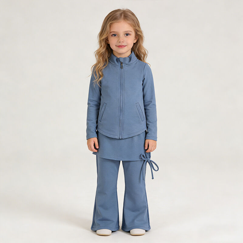 Kızlar İçin Aktif Flare Pantolon Seti, Yumuşak Sweatpant ve Kızlar İçin Önü Dörtte Bir Fermuarlı Kazak