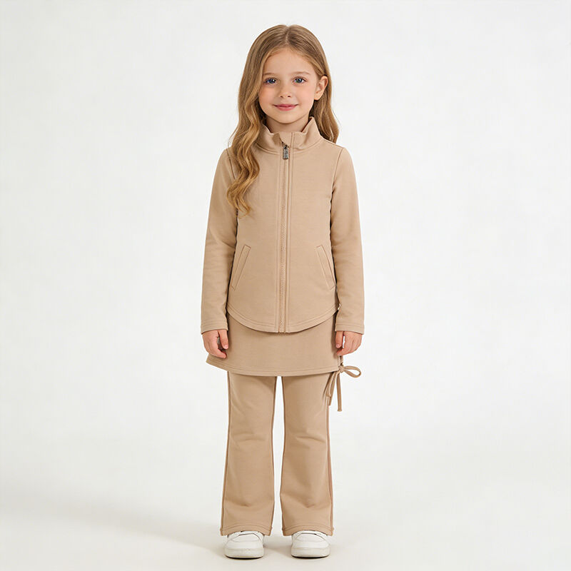 Kızlar İçin Aktif Flare Pantolon Seti, Yumuşak Sweatpant ve Kızlar İçin Önü Dörtte Bir Fermuarlı Kazak